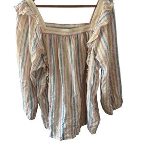 Chaps Blouse Striped Boho Square Neck Ruffle Peasant Shirt‎ Womens XL 3/4 Sleeve